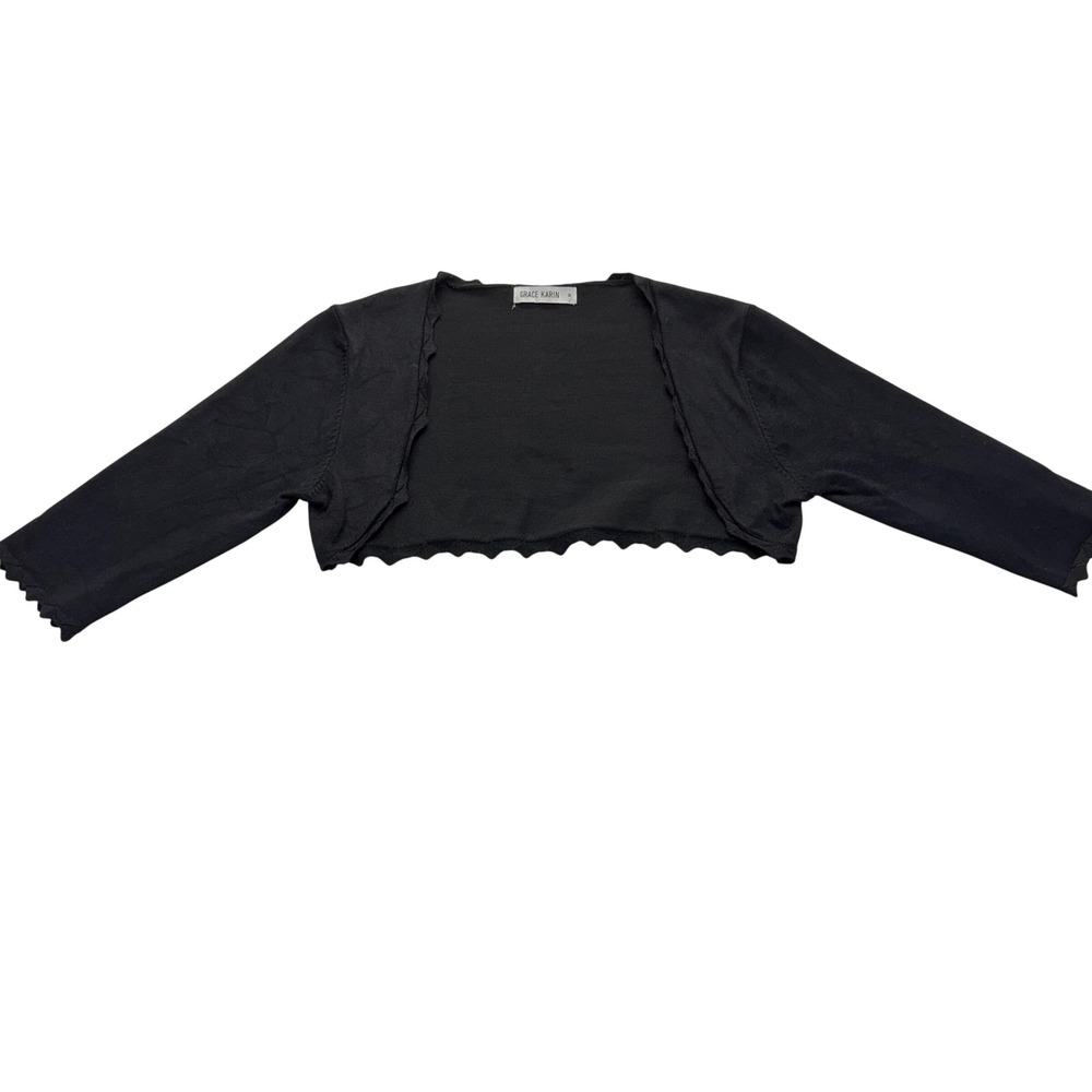 Grace Karin Shrug M Black Bolero Cardigan Scalloped Cropped Open Front Knit